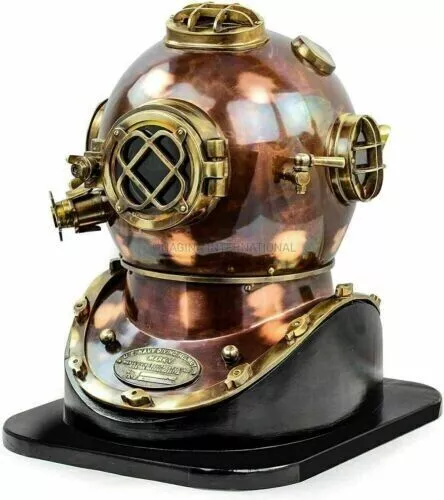 Brass Mark V SCA Scuba U.S. Navy Maritime Replica Diving Helmet With Wooden Base