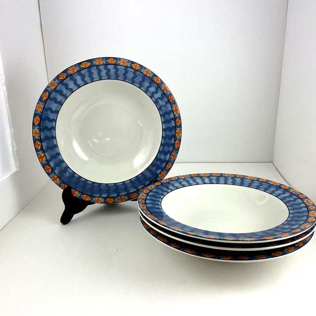 Johnson Brothers Rim Soup Bowl 9" Caribbean White Blue Stoneware 1996 Set of 4