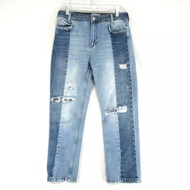 Free People Two Tone Patchwork Straight Jeans Size 30 Denim Distressed High Rise