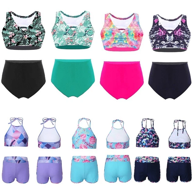 Kids Girls 2 Piece Active Sport Tracksuit Cropped Top Briefs Bottoms Set Workout