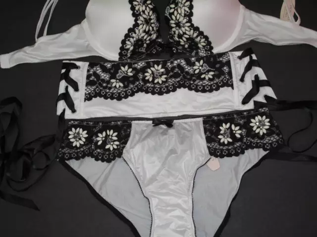 32 A  or 32 D Victoria's Secret White Embellished Black Lace Bra 3 Piece Set