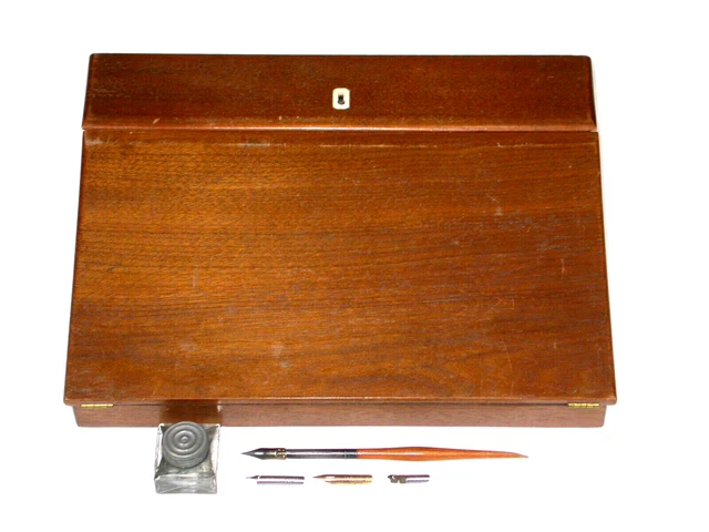 Antique Wood Lap Desk Writing Travel Slant Folding Top W/ Eagle Pen Nibs Inkwell