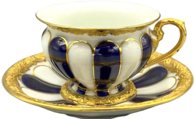19th Century Meissen Cobalt Blue Stripe & Gold Demitasse Tea Cup & Saucer X Form
