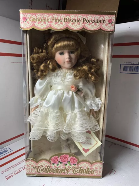 Dandee Collectors Choice Bisque Porcelain Doll Brown Hair White Dress 13" NEW
