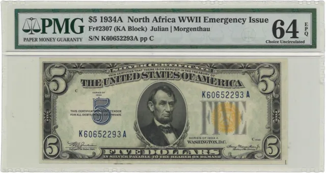 1934A $5 North Africa WWII Emergency Issue Fr#2307 PMG Ch UNC 64 EPQ