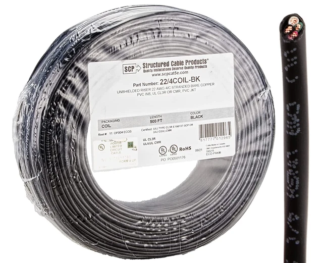 22 Ga 4 Conductor UL Stranded Copper Black 500 FT Security Alarm Wire