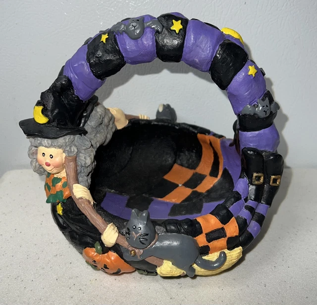 UNIQUE VINTAGE Resin Halloween Witch Black Cat BASKET VBR33B