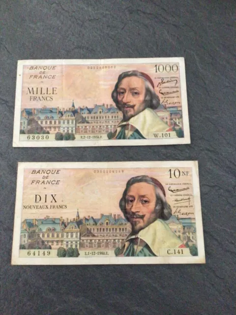 2 Billets Francais Richelieu - 1000 Francs 1954 - 10 Nouveaux Francs 1960