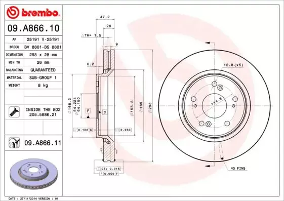 2x Bremsscheibe innenbelüftet 09.A866.10 BREMBO für HONDA CR-V III CR-V IV