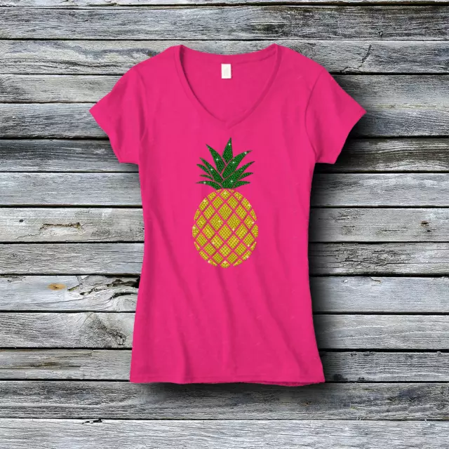 Glitter Rhinestone Women's V-Neck Custom Tees - Pineapple Lovers