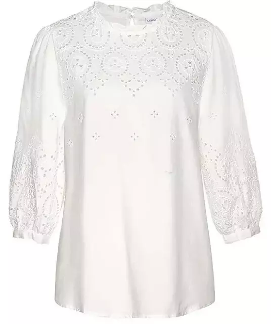 Women Broderie Blouse Cream Anglais 3/4 Sleeves Slip-On Ladies Top Size UK16EU42