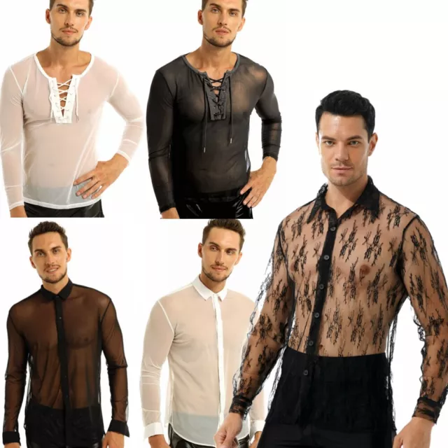 Herren Netzhemd Langarmshirt Mesh Tops Durchsichtig Shirt Reizwäsche Clubwear