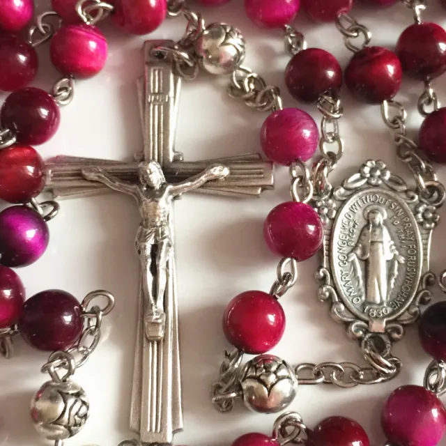 Red Tiger Eye & Silver Rose Prayer Beads ROSARY CROSS NECKLACE CRUCIFIX CATHOLIC