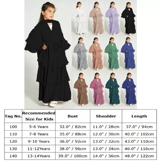 Children Modest Muslim Long Dress Kids Girls Abaya Dubai Kaftan Ruffle Robe Gown 2