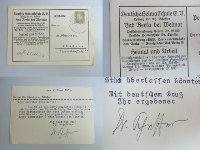 Pädagoge Theodor SCHEFFER (1872-1945): PK Bad Berka 1932 an Bruno SCHWEIZER
