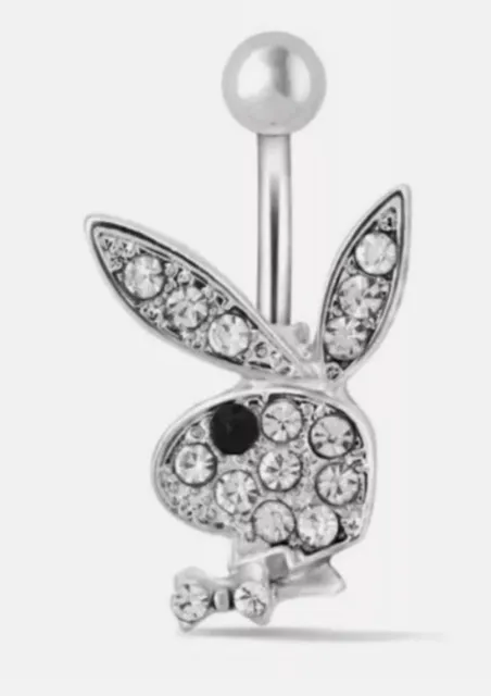 UK bunny rabbit crystal diamanté dangle dangly belly bar pink clear silver