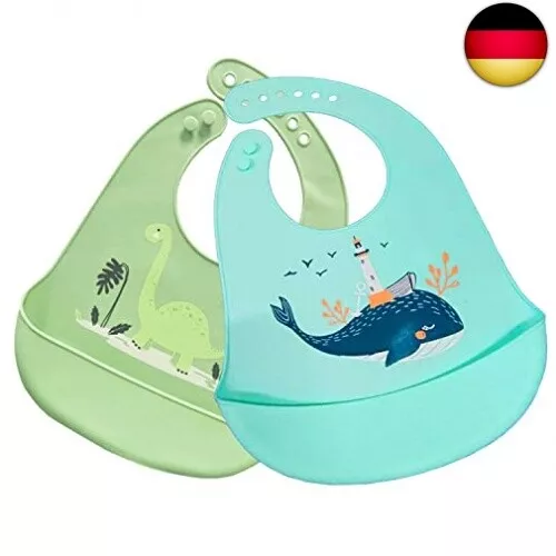 Grantop 2 Stück Baby Silikon Lätzchen mit Auffangschale, Abwaschbar Baby l