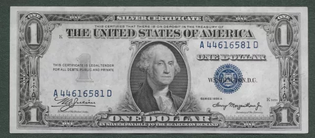 1935 A Series One Dollar, Uncirculated, Silver Certificate, Blue Seal.