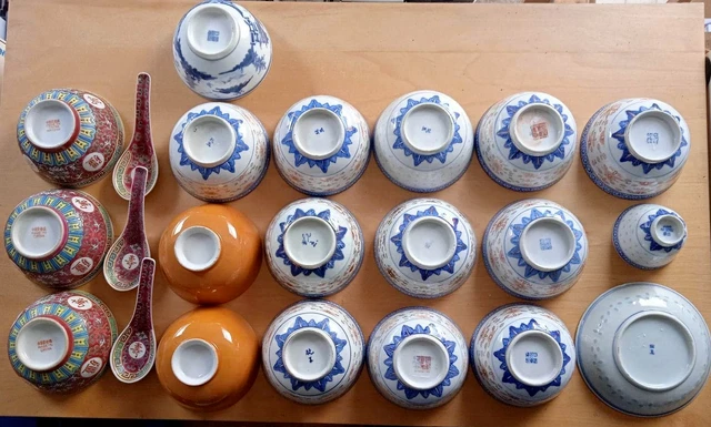Lot Vintage Chinese Republic PRC era rice grain bowls, spoons