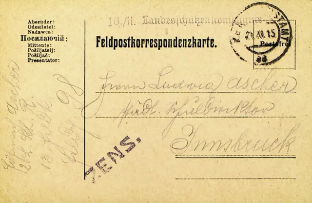 Österreich 1915 WWI Zensiert Feld Post Karte W / Kuk Feldpostamt Cachet Sich