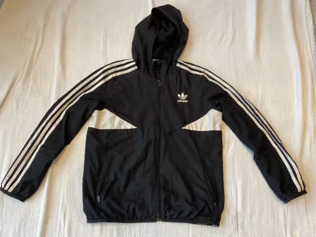 Adidas Little Boys Sz M 10-11 Y Black Zip Hooded Classic Windbreaker Jacket