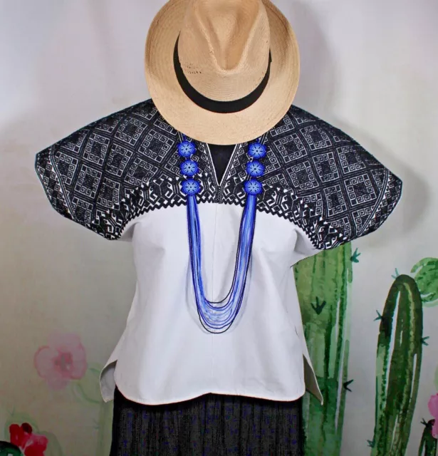 Huipil Black & White Handwoven Backstrap Loom Mayan Larrainzar Chiapas Mexico