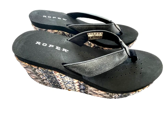 ROPER Women's Size 8 Black Tapestry Thong Wedge Platform Slip-On Casual Sandals 2