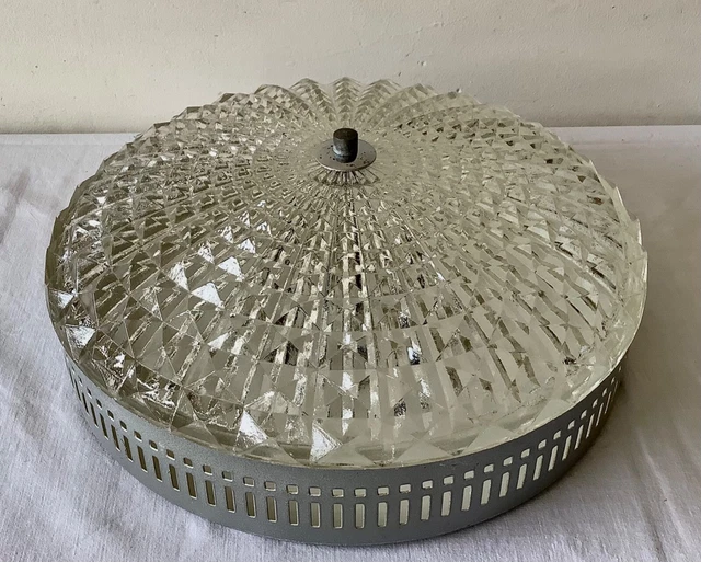 Ancien PLAFONNIER ou APPLIQUE Vintage en VERRE MOULÉ & METAL ARGENTÉ 11