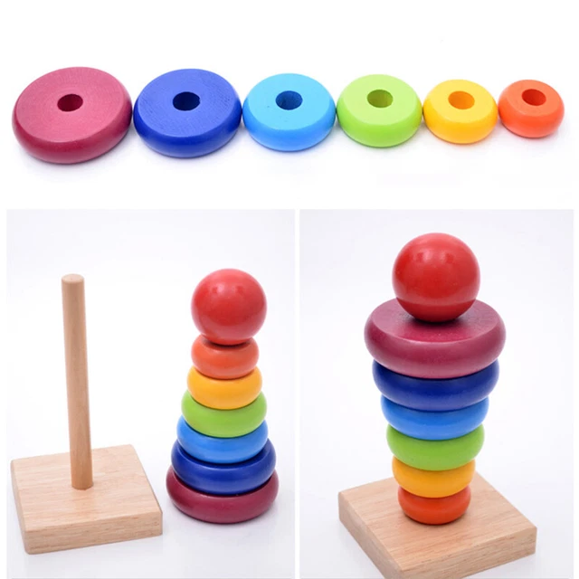 Baby Educational Toys Stack Up Play Toy Rainbow Kid Wooden Stacking Tower Ring Z