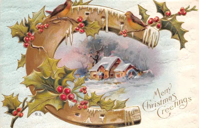 MERRY CHRISTMAS Greetings  HORSESHOE Holly~Berries  ca1910's Embossed Postcard