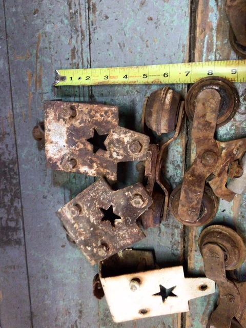 Lot Of Antique Vintage Barn Door Rollers And Brackets With Star 9