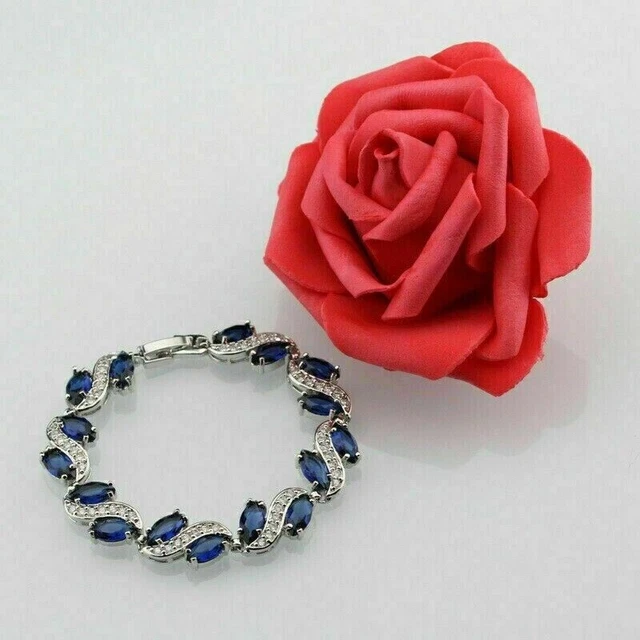 9Ct Marquise Lab Created Sapphire Tennis Bracelet 14K White Gold Plated Silver
