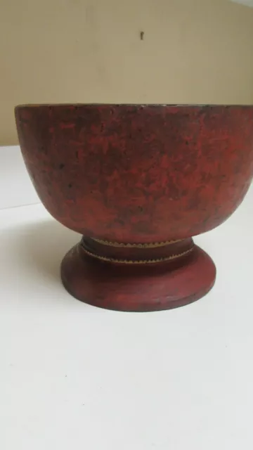 Burmese Primitive Cinnabar Bowl  7 ¼”  High Hand-Carved Wood Trim on Base