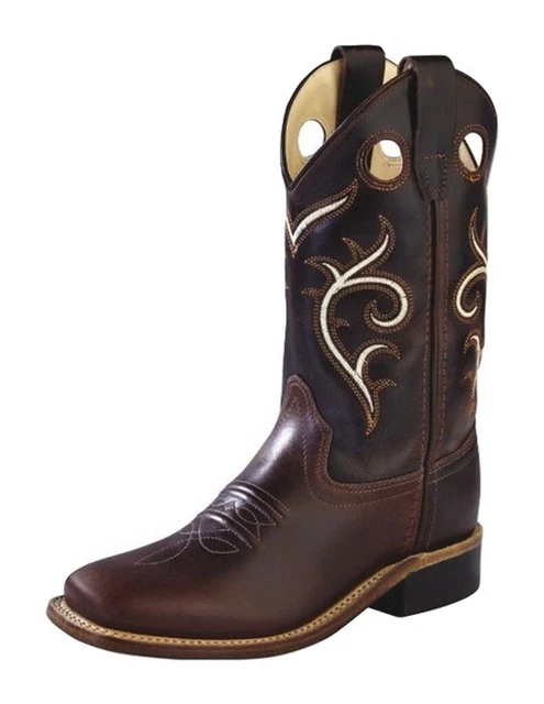Old West Cowboy Boots Boys Broad Square Toe Leather Brown BSY1807
