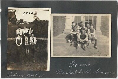 Boys Basketball Team & Men with Binoculars Three Vintage Snapshots on Album Page