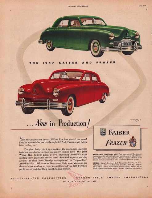 1947 Kaiser and Frazer Now in Production! Auto Car Vintage Print Ad L62