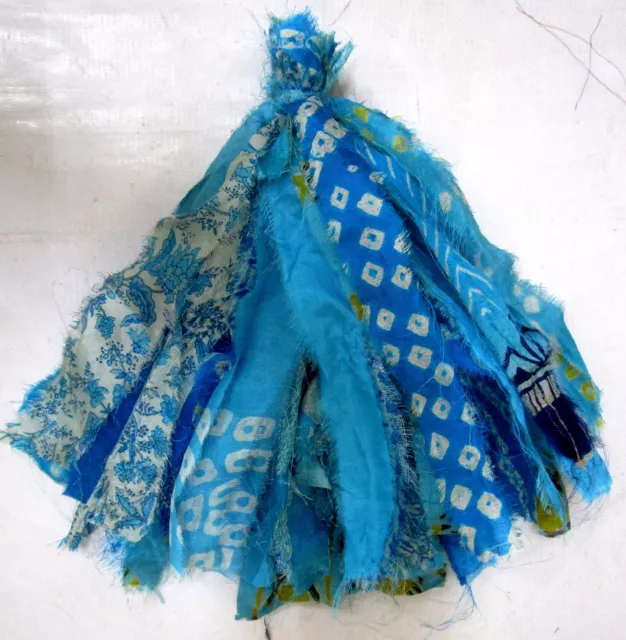 LOT PURE SILK Antique Vintage Sari TASSELS AQUA BLUE JOURNAL 50 sTRANDS 3" to 4"