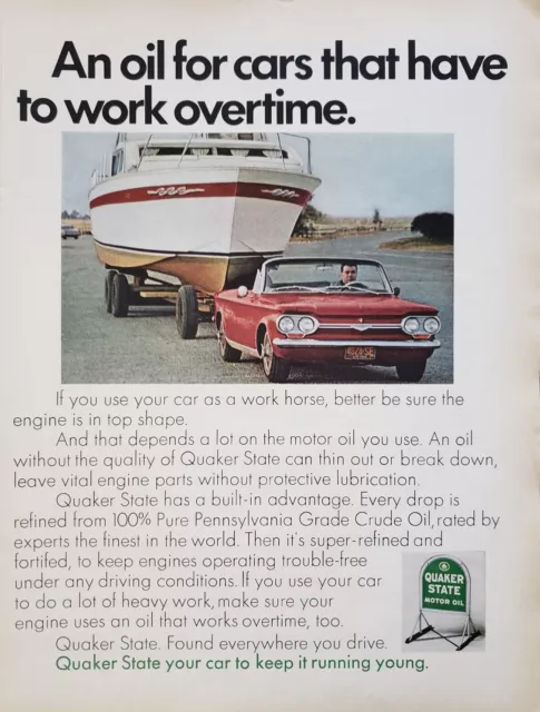 1968 Quaker State Motor Oil Car Pulling Large Sailboat Print Ad