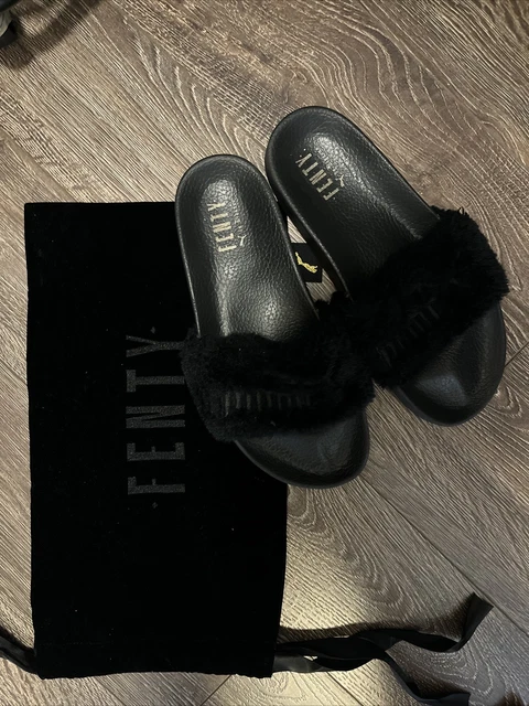 Puma Women’s Fenty x Rihanna Black Fur Fuzzy Leadcat Lightweight Slides Size 7