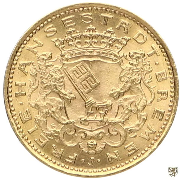 BREMEN, Freie und Hansestadt, 10 Mark, 1907 J, Stadtwappen, Gold, vorzüglich+