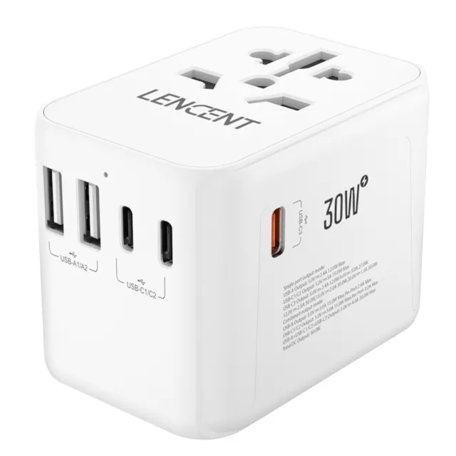 LENCENT Universal Travel Adapter w/ USB C PD 30W Multi Plug Charger EU UK US AU