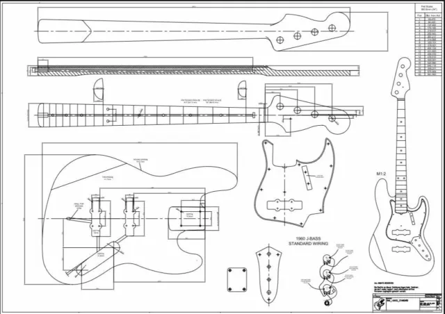 1960 J-Bass Zeichnung / Bauplan - w. Fender Jazz Bass Jazzbass f. Tonholz