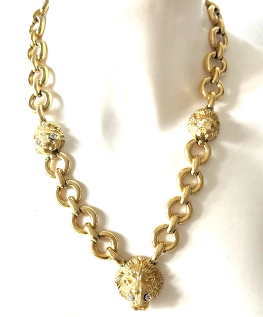 Collier Vintage Nina Ricci - Tête De Lion Doré Avec Strass - Occasion En Métal