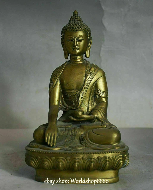 8.8" Old China Brass Seat Shakyamuni Amitabha Sakyamuni Buddha Statue Sculpture