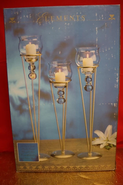 Elements Gold Matte Finish Wrought Iron Candle Holders Set Of 3. Tag B226