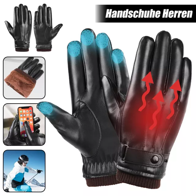 Herren Winter Lederhandschuhe Fahrrad Thermo Handschuhe Touchscreen Schwarz Warm