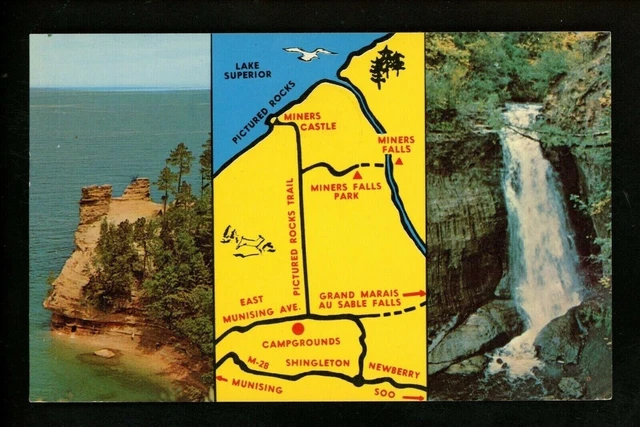 Map Greetings postcard Michigan MI Miners Falls Park Munising chrome