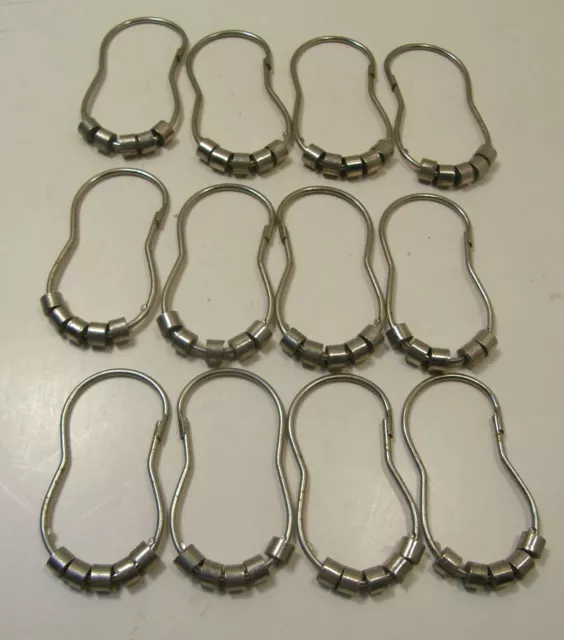 12 Vintage Pin Style Shower Curtain Hooks Rings W/Roller Rods Silver Steel Metal