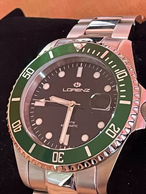 Orologio Automatico LORENZ Bracciale Acciaio Nero Verde Uomo Sub 100mt