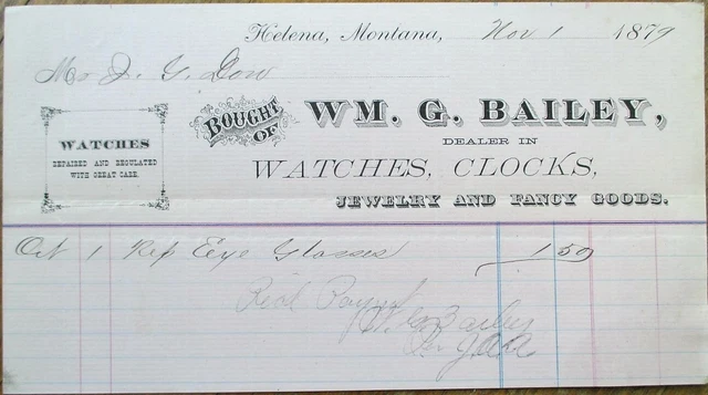 Helena, MT 1879 Letterhead: Watches, Clocks & Jewelry/Jeweler- Montana Territory